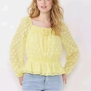 LC Lauren Conrad NWT Yellow Hello Sun Smocked Peplum Long Sleeve Blouse Size XS